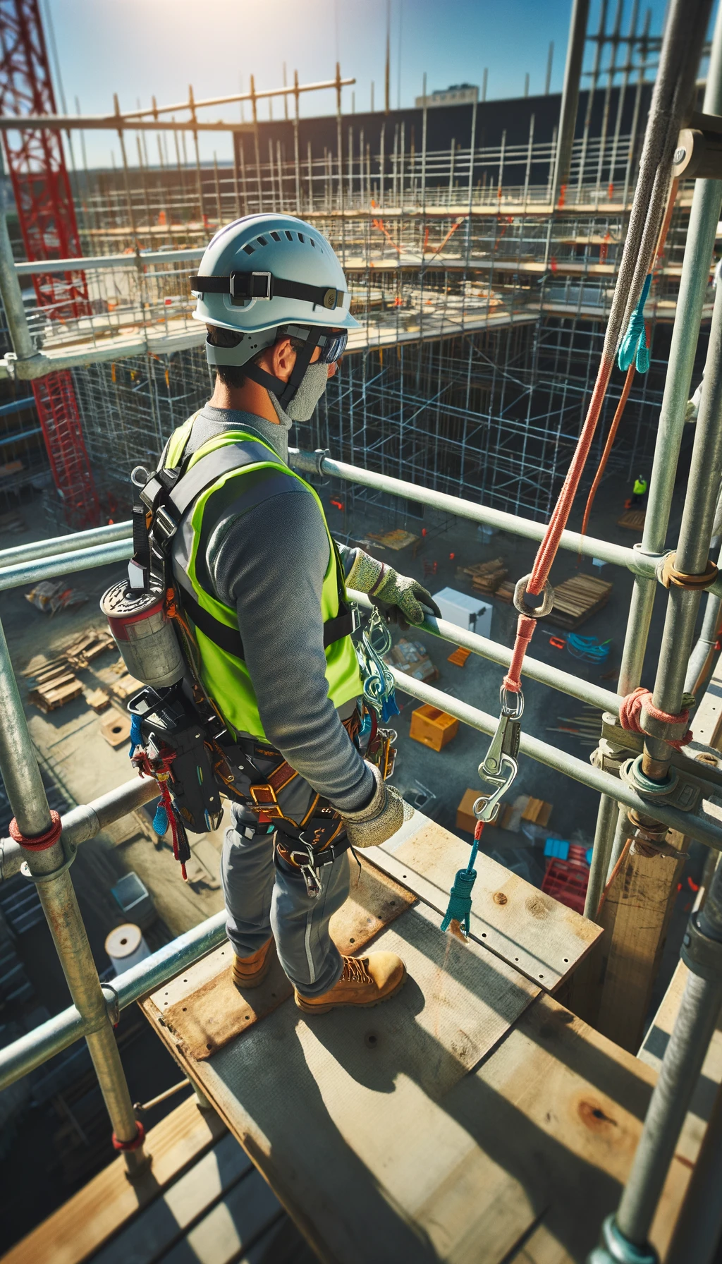 Employé de chantier en hauteur équipé d'EPI anti-chute : casque avec jugulaire, lunettes de sécurité, harnais complet, longes de sécurité. Travail sur échafaudage de construction.