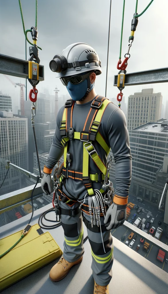 Employée travaillant sur le toit d'un immeuble avec des équipements de protection individuelle antichute, y compris un harnais de sécurité, une longe avec absorbeur de chute, un casque avec jugulaire, des gants de sécurité, une veste haute visibilité, et des lunettes de protection, attachée à un système de via ferrata. Scène montrant les mesures de sécurité en hauteur sur un chantier.